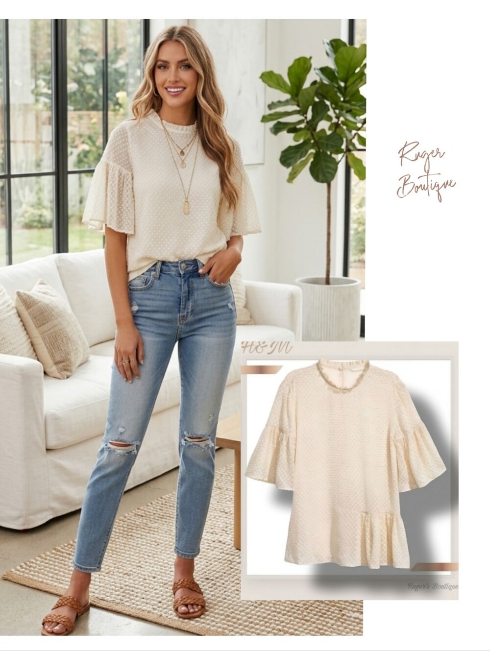 🌿H&M Womens size 2 Ruffles Top Cream Short Sleeves Asymmetrical Hem Blouse